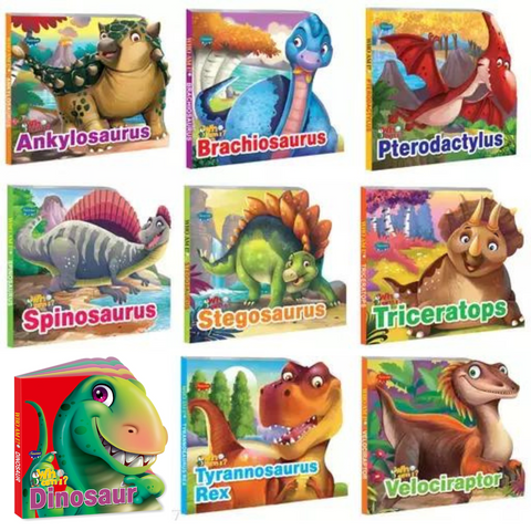 Set Of 9 Who Am I Story Books Of Dinosaur, Velociraptor, Tyrannosaurus Rex, Triceratops, Stegosaurus, Spinosaurus, Pterodactylus, Brachiosaurus & Ankylosaurus | Board Book - SapienKid™