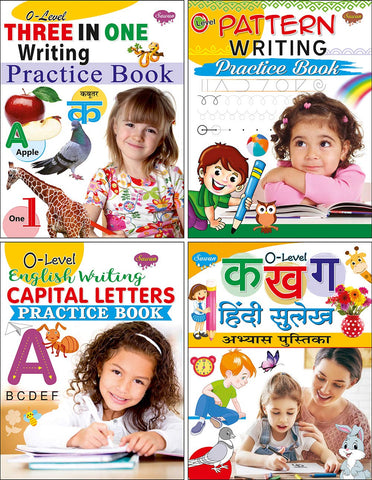 Set of 4 Books, O-Level : Three in One Writing Practice Book, Pattern Writing Practice Book, English Writing Capital Letters Practice Book & Kha Ka Ga Hindi Sulekh Abhyas Pustika - SapienKid™