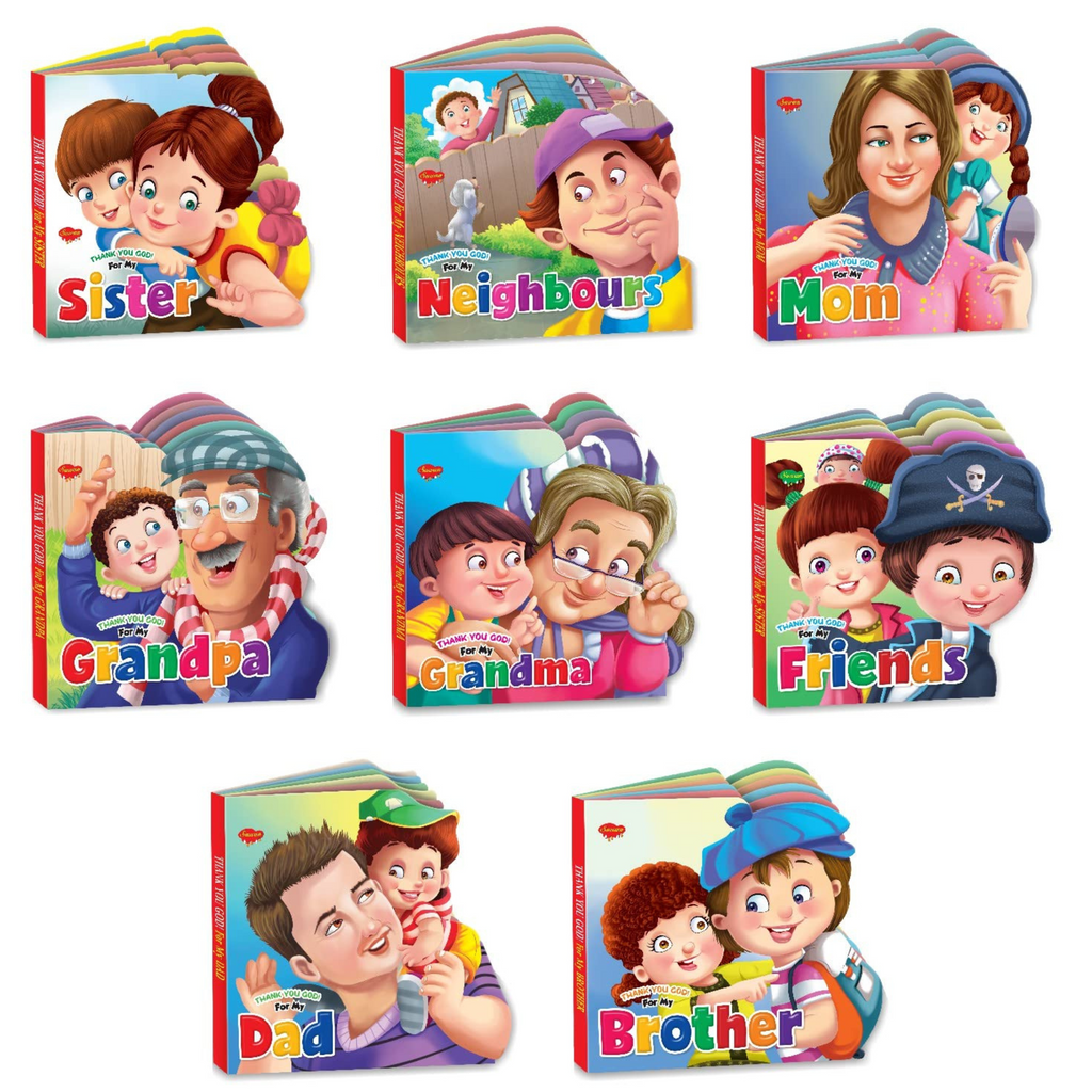 Set of 8 Thank You God Story Books Of My Sister : My Neighbours : My Mom : My Grandpa : My Grandma : My Friends : My Dad & My Brother | Board Book - SapienKid™